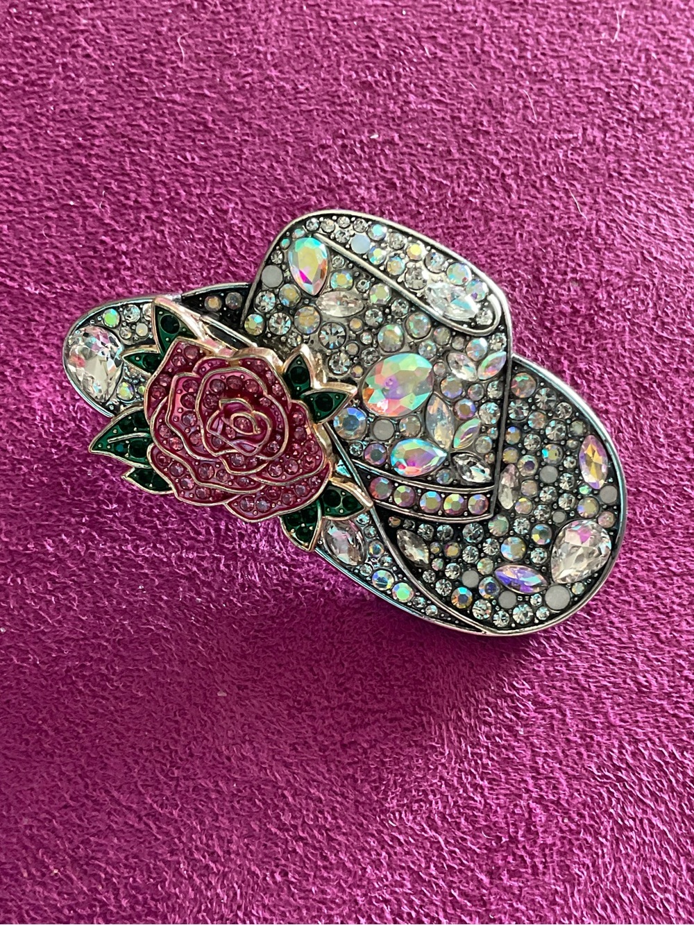 Rhinestone Cowboy Hat Brooch with Pink Rose Accent Pin